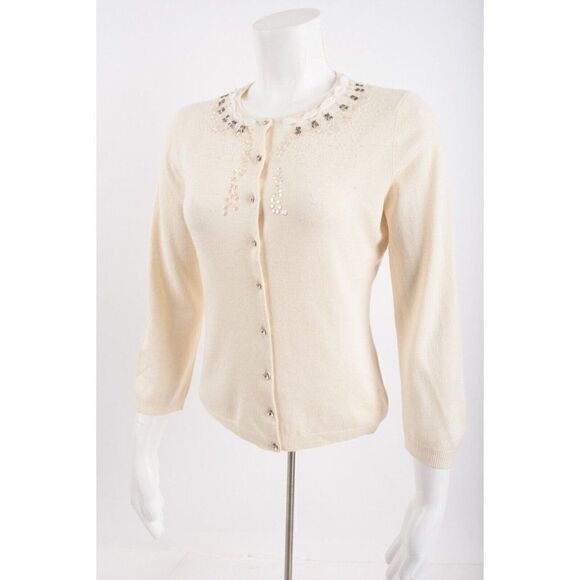 Express Womens Cardigan Sweater L Ivory Beaded Sequin silk Cashmere Vintage Y2K - Picture 3 of 6